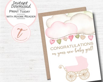 Digital Congratulations Watercolor Boho Baby Shower Card, Welcome Baby Girl, Congratulations Baby, Baby Shower Card, Printable Download