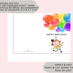 Digital Birthday Card, Cute Birthday, Kid Birthday, Monkey, Circus, Balloons, PDF Instant Download image 2