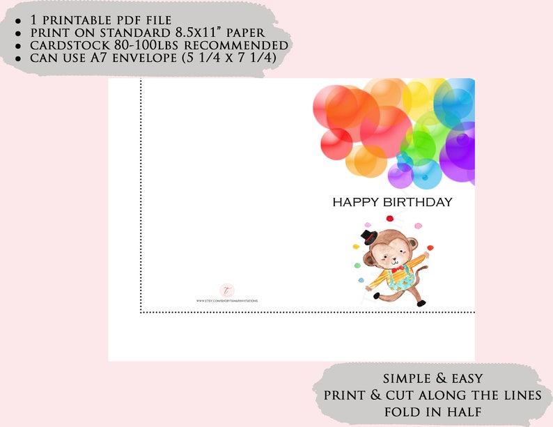 Digital Birthday Card, Cute Birthday, Kid Birthday, Monkey, Circus, Balloons, PDF Instant Download image 2