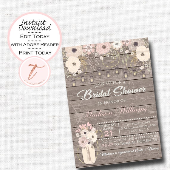 DIY INSTANT DOWNLOAD, Rustic Bridal Shower Invitation, Bridal Shower Invite, Rustic Party, Editable invitations, 5X7 Il_570xn