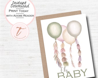 Tarjeta de baby shower de género neutro con globos de acuarela (PDF imprimible)