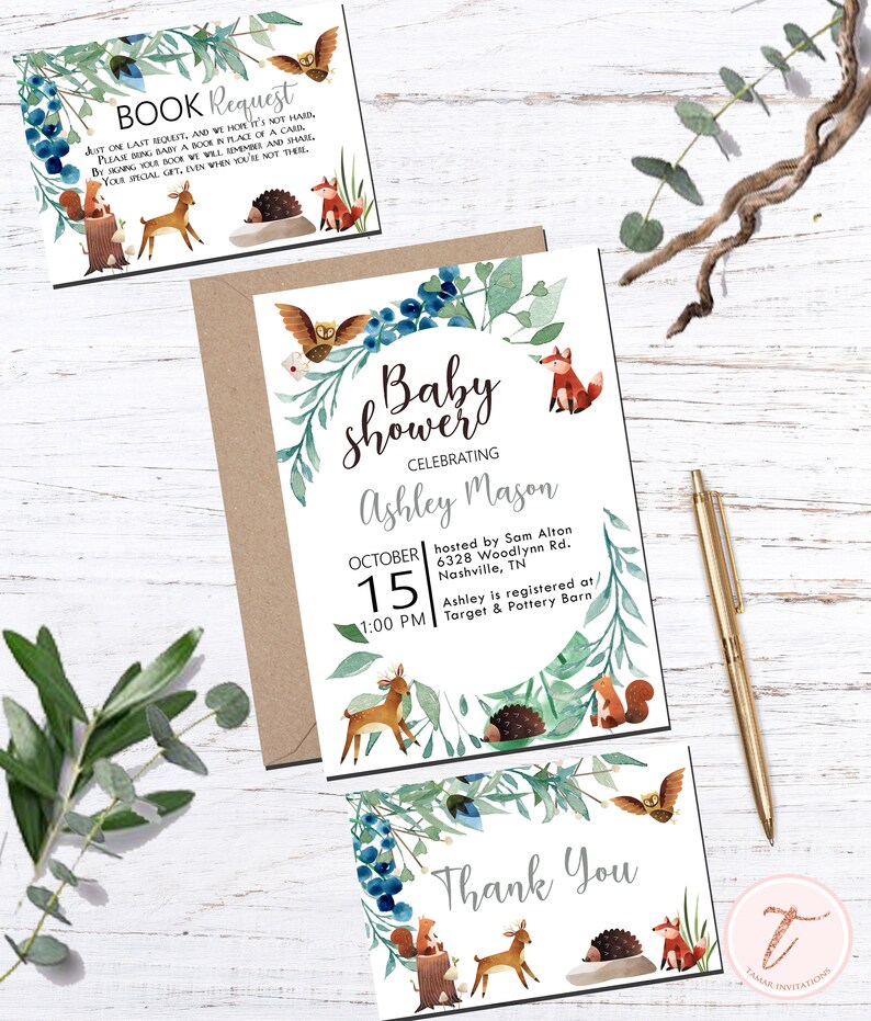 Digital Baby Shower Thank you Card, Book Card, Woodland, Animals, Boy Girl Shower, Gender Neutral image 3