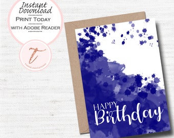 Digital Birthday Card - Ink Blot - Happy Birthday -  Deep Blue White Watercolor - Art Card -  PDF Digital  Download