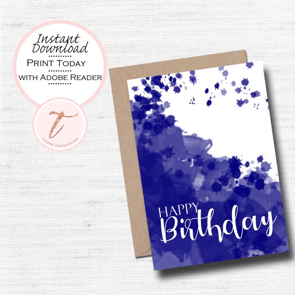 Digital Birthday Card - Ink Blot - Happy Birthday -  Deep Blue White Watercolor - Art Card -  PDF Digital  Download