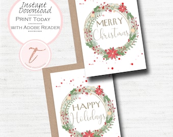 Printable Christmas Holiday Card, Happy Holiday, Merry Christmas, Magical Xmas, Wreath, Whimsical, PDF Instant Download