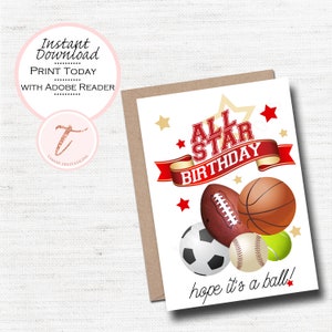 Cartão de aniversário digital, feliz aniversário, amigo, menino, menina, esportes, beisebol, basquete, futebol, futebol, Allstar, download para impressão em PDF