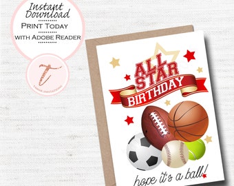 Tarjeta de cumpleaños de All Star Sports, PDF imprimible