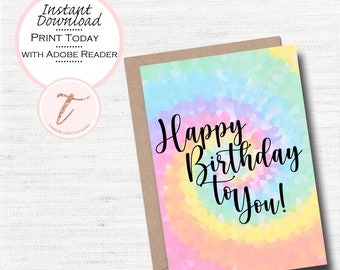 Tarjeta de cumpleaños teñida con efecto tie-dye: diseño de píxeles mágicos de arcoíris (PDF imprimible)