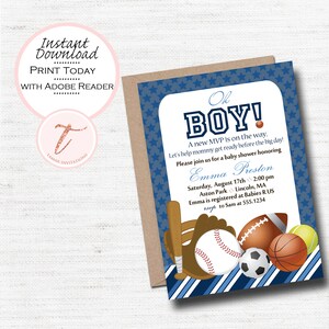 Digital Custom Sports Baby Shower Invitation, Baseball, Basketball, Soccer, Football