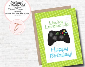 Video Game Controller Birthday Card, Gamer Level Up (Digital Download)