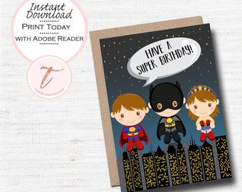 Superhero Birthday Card, Printable Kids Birthday (PDF Download)