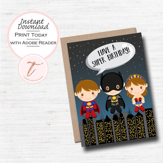 PRINTABLE Birthday Card, Happy Birthday Day card for Friend, Boy or Girl, Superhero, PDF Instant Download Il_570xn