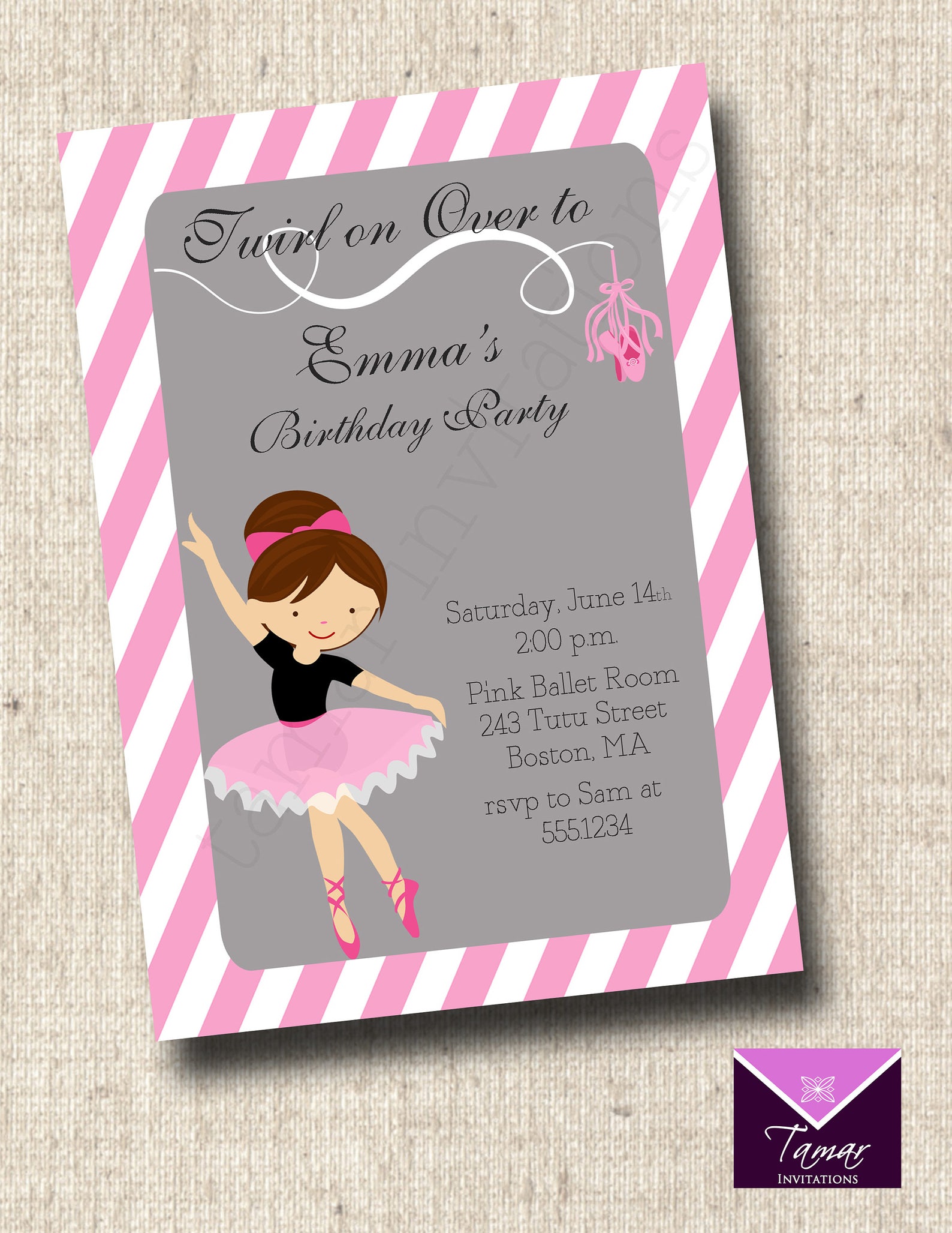 printable ballerina birthday invitation - pink and grey ballet slippers - girls birthday