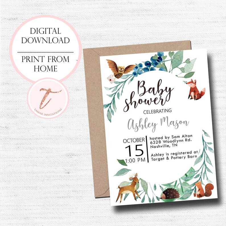 Digital Baby Shower Invitation, Woodland, Animals, Boy Girl Shower, Gender Neutral image 1