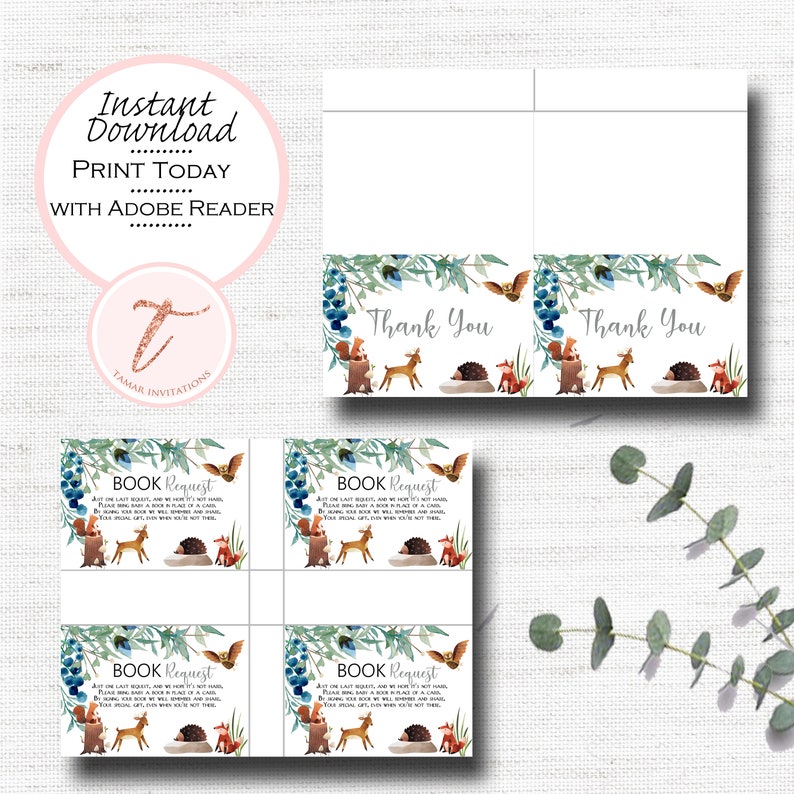 Digital Baby Shower Thank you Card, Book Card, Woodland, Animals, Boy Girl Shower, Gender Neutral image 2