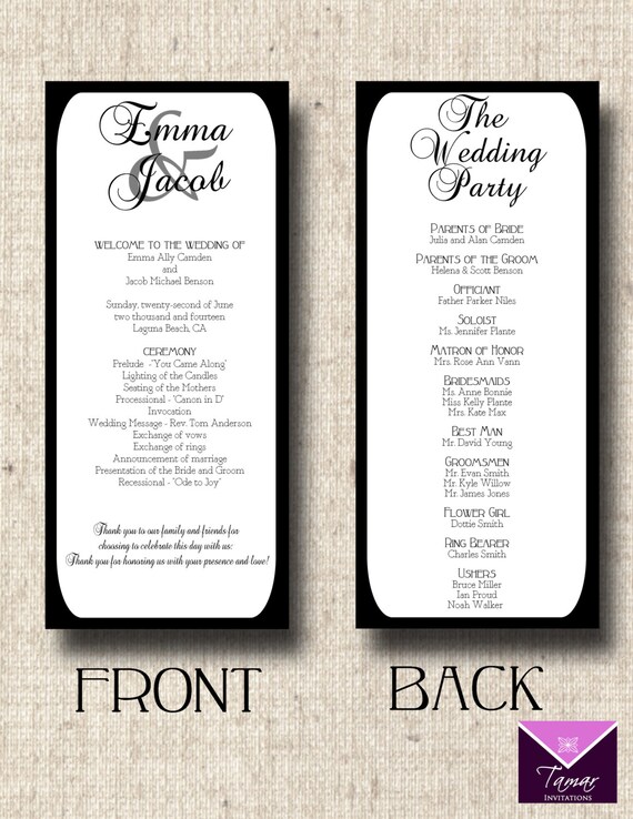 Printable Wedding Program Double Sided Front And Back Script