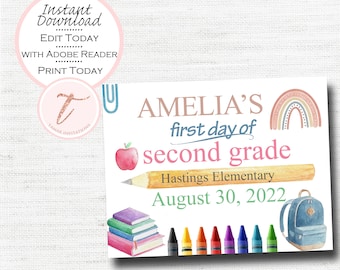 Letrero editable para el primer día de clases, imprimible y reutilizable (descarga digital)