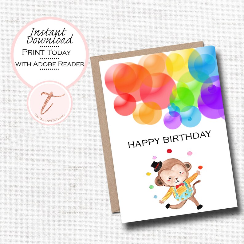 Digital Birthday Card, Cute Birthday, Kid Birthday, Monkey, Circus, Balloons, PDF Instant Download image 1