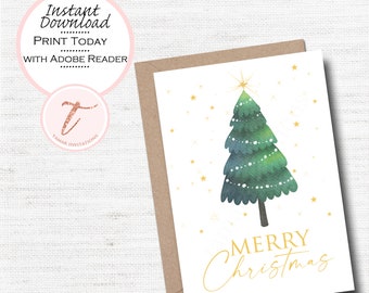 Tarjeta de acuarela con árbol de Navidad y una elegante corona navideña (descarga instantánea en PDF)