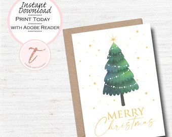 Printable Christmas Holiday Card, Happy Holiday, Merry Christmas, Magical Xmas, Wreath, Whimsical, PDF Instant Download