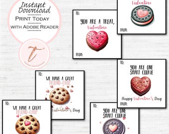 Tarjetas de San Valentín con galletas para imprimir - Tarjetas de San Valentín para niños - Tarjetas de San Valentín para la escuela - Juego de 6