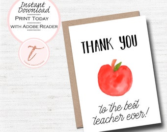 Digital Teacher Thank You Card - Teacher Appreciation Card - Teacher Apple - PDF Printable Download