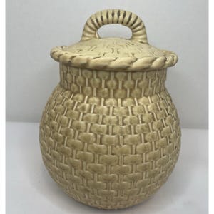 VTG Metlox Mfg Pottery Ceramic Cookie Jar Canister Basket Basketweave MCM W/ Lid