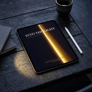 以下が含まれることがあります： 暗い背景に明るい黄色の光線が描かれた「INTO THE LIGHT」というテキストが表示されたデジタルタブレット。白いスタイラスとコーヒーカップが、暗い木製の表面に置かれています。2冊の灰色の本が背景に見えます。