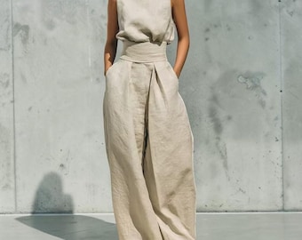 Handmade Cotton Linen Two-Piece Set – Sleeveless Top & Wide Leg Pants