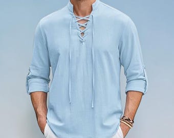 Túnica vikinga medieval para hombre / Camisa renacentista de algodón y lino / Traje de pirata para LARP y cosplay