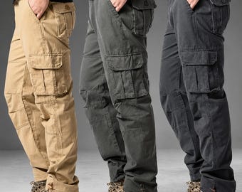 Comfortable men's cargo pants with elastic waist, multiple pockets, and relaxed fit.