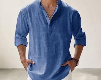 Men's Cotton-Linen Henley Shirt – Breathable Summer Beach Casual Wear