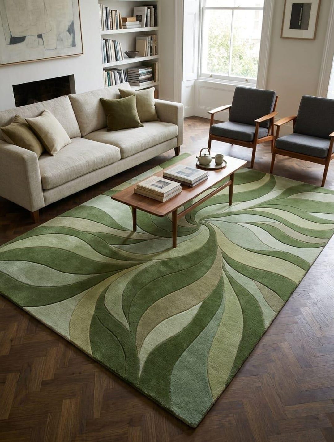 Hand Tufted New Zealand Wool Rug | Abstract Green Swirl Pattern Area ...
