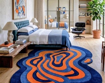 Alfombra de lana tejida a mano – Forma abstracta de ameba topográfica, decoración moderna en azul y naranja