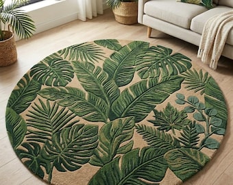 Alfombra de área con diseño de hojas tropicales tejida a mano: Alfombra circular botánica Monstera