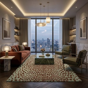 May include: A living room featuring a rust-colored sofa, two olive green armchairs, and a large rectangular green marble coffee table. A rug with a brown and cream animal-inspired pattern covers the dark wood floor under a city skyline view.
