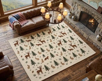 Hand Tufted Wool Rug – Woodland Deer Forest Cream Area Carpet for Cabin Living Room