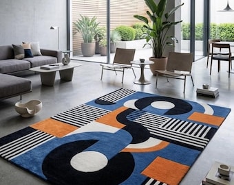 Alfombra de lana tejida a mano: alfombra moderna de mediados de siglo con diseño geométrico abstracto