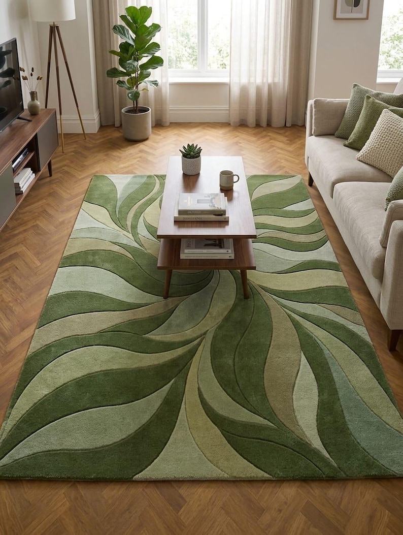 Hand Tufted New Zealand Wool Rug | Abstract Green Swirl Pattern Area ...