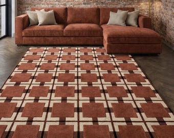 Handgetuft wollen vloerkleed – geometrisch modern tapijt uit het midden van de eeuw