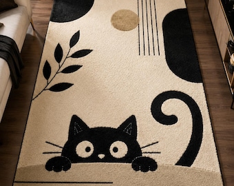 150x250 getufteter schwarzer Katzenteppich | Abstrakter Beigefarbener Wollteppich