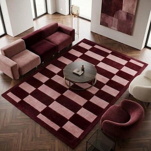 Hand-Tufted Wool Rug, Burgundy Pink Checkered Area Rug, Modern Living Room Carpet