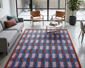 Alfombra de lana tejida a mano, alfombra geométrica en tonos terracota, naranja y rosa, decoración de suelo de mediados de siglo.