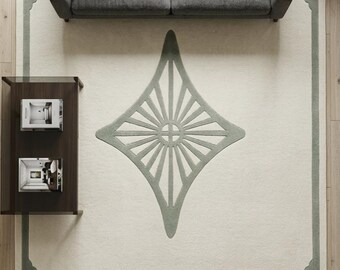 Hand-Tufted Wool Area Rug: Art Deco Sunburst Diamond Pattern Carpet