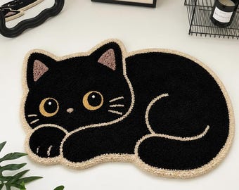 Dywan z wełny czarnego kota tkany ręcznie | Mata akcentowa Kawaii