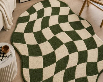 Wavy Checkerboard Wool Rug | Green Beige Funky Carpet | Trendy Y2K Room Decor