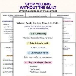 Puede incluir: Una guía titulada "STOP YELLING WITHOUT THE GUILT" con consejos sobre qué decir y hacer. La guía incluye pasos como dejar de hablar, respirar lentamente, bajar la voz y decir una frase sencilla.