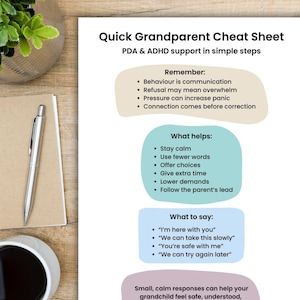 May include: A printed sheet titled "Quick Grandparent Cheat Sheet" with information on PDA & ADHD support. The sheet includes bullet points with advice on how to help children. A pen, notebook, and coffee cup are on the wooden surface.