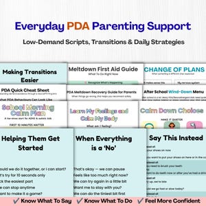 Op de afbeelding: Een verzameling informatiekaarten getiteld Everyday PDA Parenting Support, met gidsen over low-demand scripts, overgangen en dagelijkse strategieën. De kaarten bevatten teksten zoals Meltdown First Aid Guide, School Morning Calm Plan en Say This Instead, met lichtblauwe en witte achtergronden.