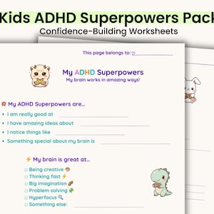 Könnte beinhalten: Ein Stapel weißer Arbeitsblätter mit dem Titel "Kids ADHD Superpowers Pack" und dem Untertitel "Confidence-Building Worksheets". Die Arbeitsblätter enthalten farbenfrohe Illustrationen und Aufforderungen zum Selbstvertrauen. Der Text enthält "My ADHD Superpowers".